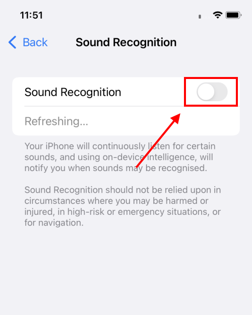 Tap the Toggle switch next to Sound Recognition to turn it on